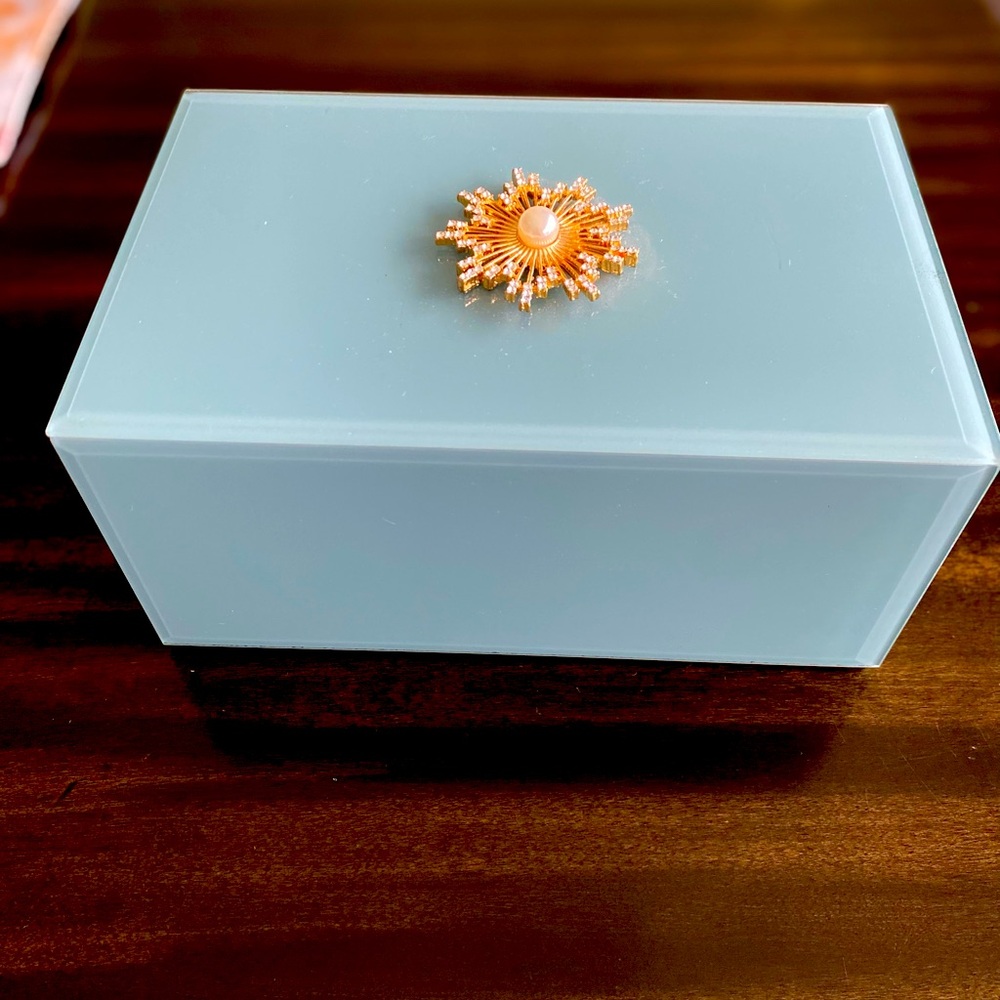 NWT Elegant Blue Glass Jewelry Box with Gold Accent